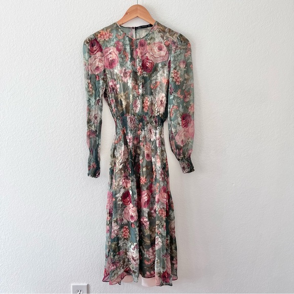 Zara Rare Viral Floral Sheer Midi Dress Sz M - Picture 6 of 11